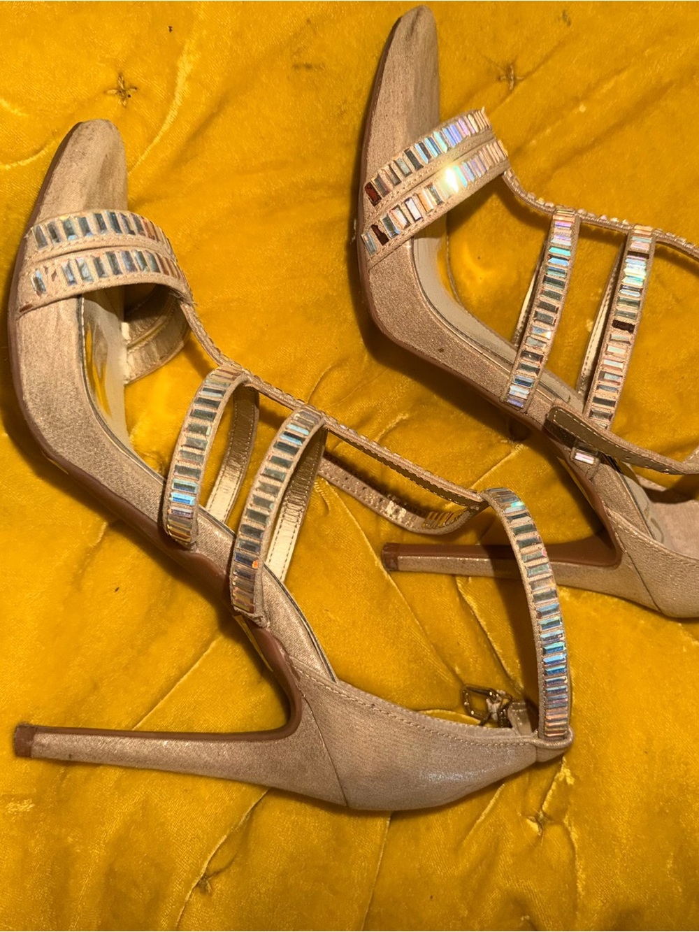 Gianni Bini Nude Strappy High Heels with Iridescent Gem Straps